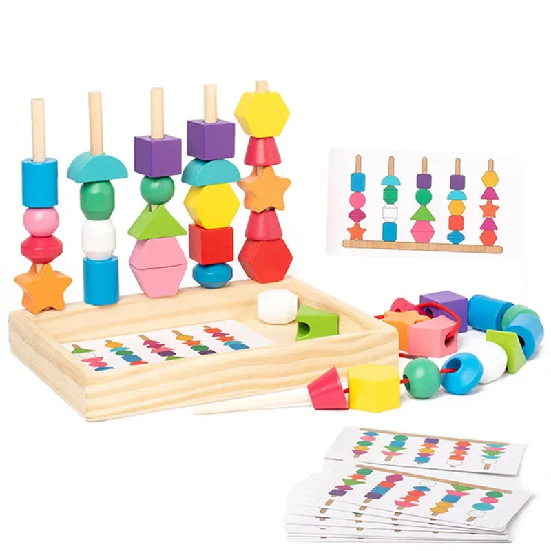 Montessori Wooden Toys Color Shape Matching Puzzle Game Colorful Beaded ...