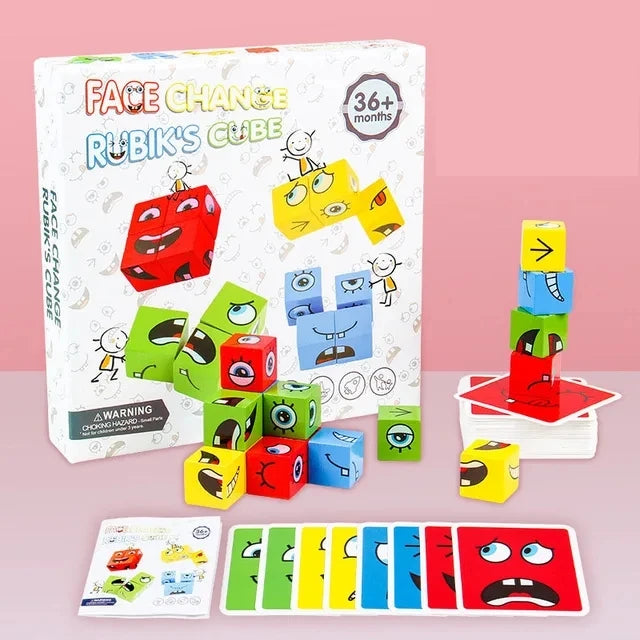 Wooden Cube Face Changing Emotions and Expression Game