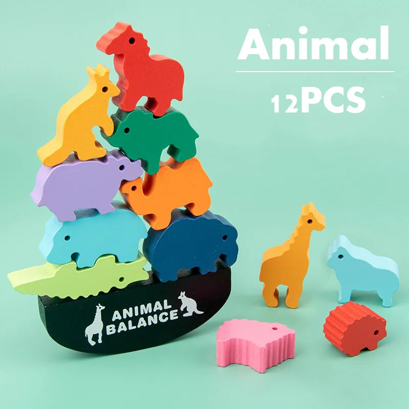 Wooden Balance Blocks Toys For Children Animal Dinosaur Building ...