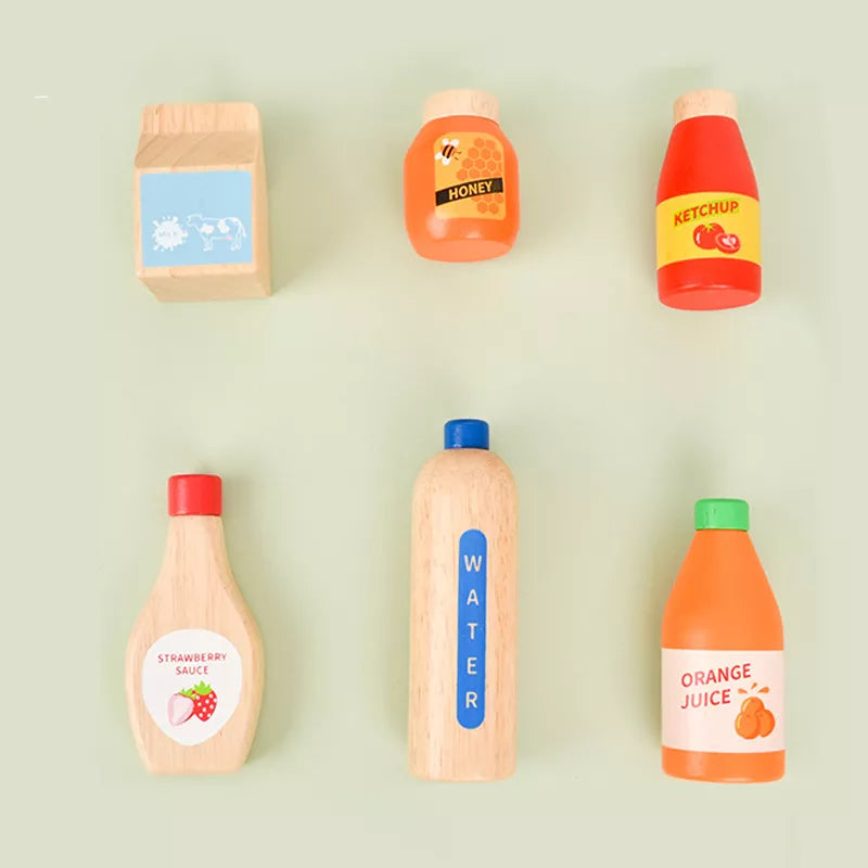 Pretend Play Wooden Drink and Food Set, Montessori Educational Kitchen