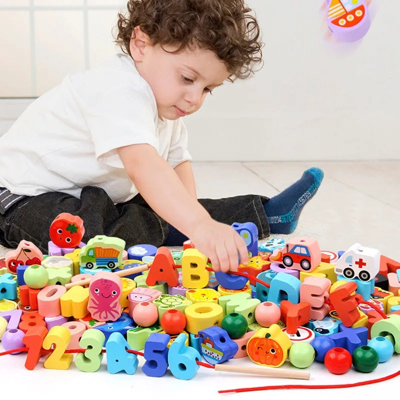 Montessori Colourful Wooden Threading Shapes