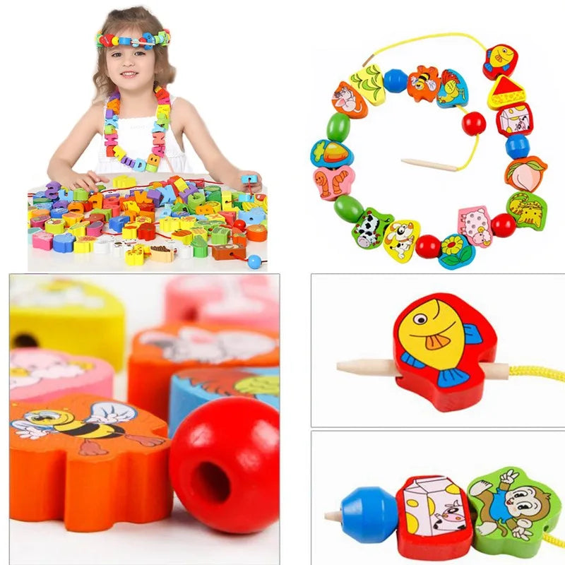 Montessori Colourful Wooden Threading Shapes