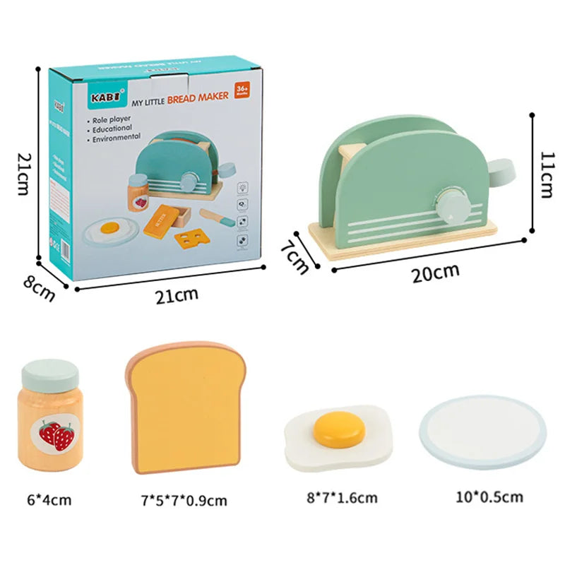 Wooden Kitchen - Pop-Up Toaster, 9Pcs Play Set, Pretend Play Food
