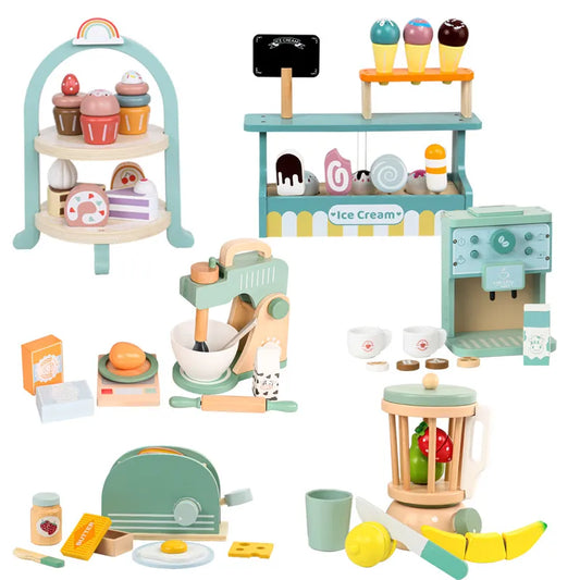 Wooden Kitchen - Pop-Up Toaster, 9Pcs Play Set, Pretend Play Food