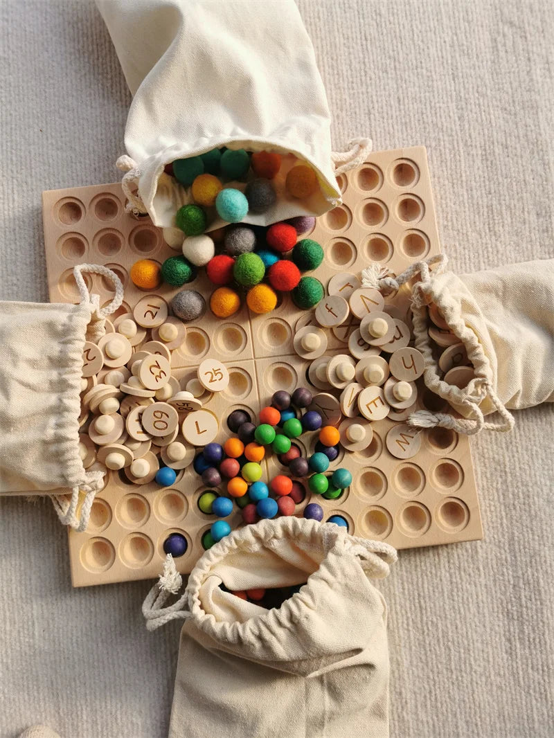 Creative Play Montessori Sensory Wooden Toys, Calculate  Semi Tray 100  Board  with Felt Balls,  Alphabets Numbers.