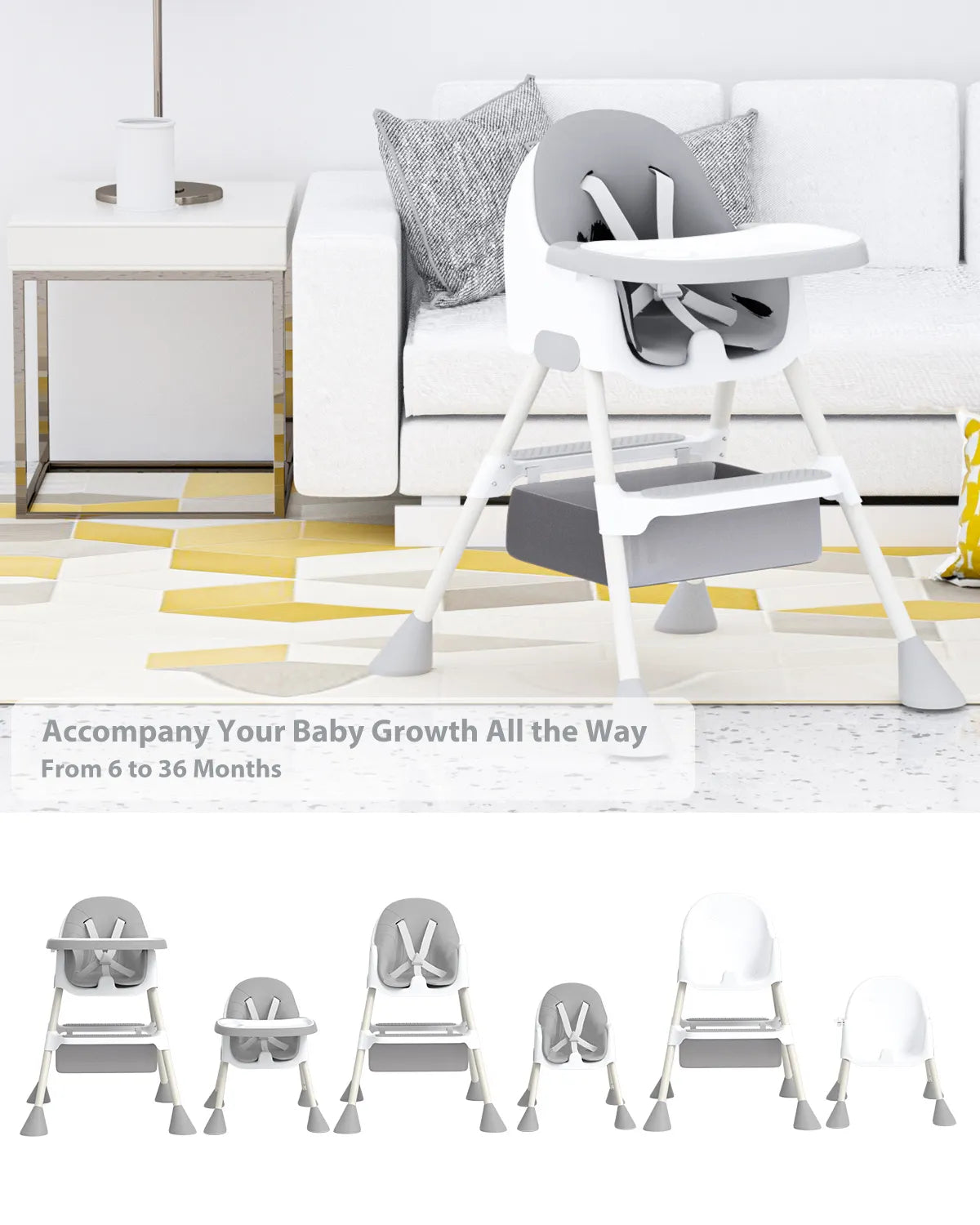 High Chair, 2-in-1  with Footrest, Detachable Double Tray