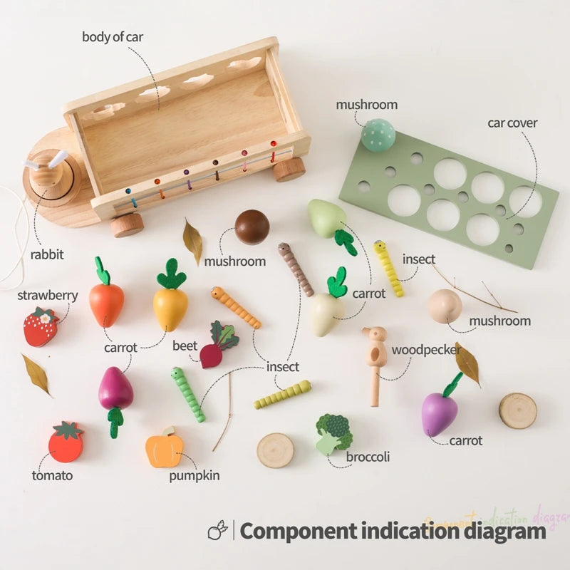 Wooden Montessori Toy Pull Radish Cart Game