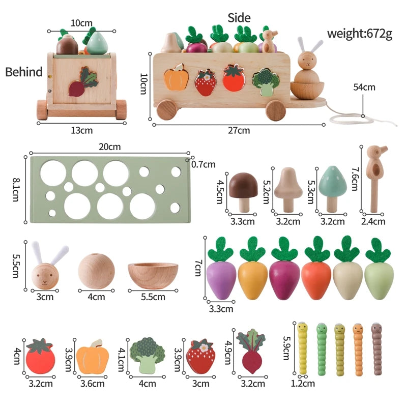 Wooden Montessori Toy Pull Radish Cart Game