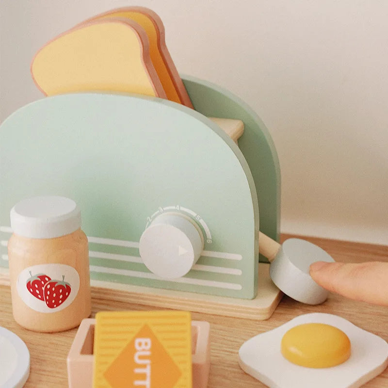 Wooden Kitchen - Pop-Up Toaster, 9Pcs Play Set, Pretend Play Food
