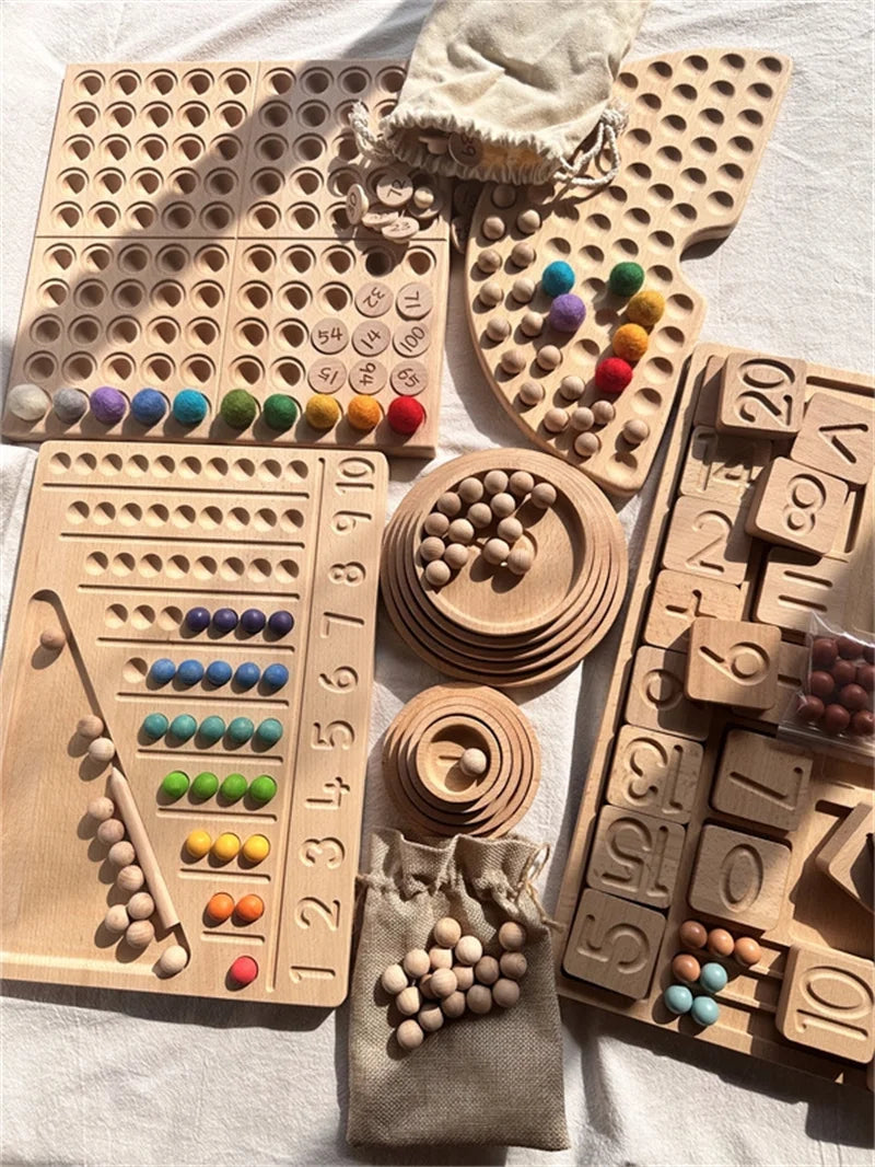 Creative Play Montessori Sensory Wooden Toys, Calculate  Semi Tray 100  Board  with Felt Balls,  Alphabets Numbers.