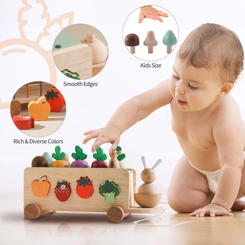 Wooden Montessori Toy Pull Radish Cart Game