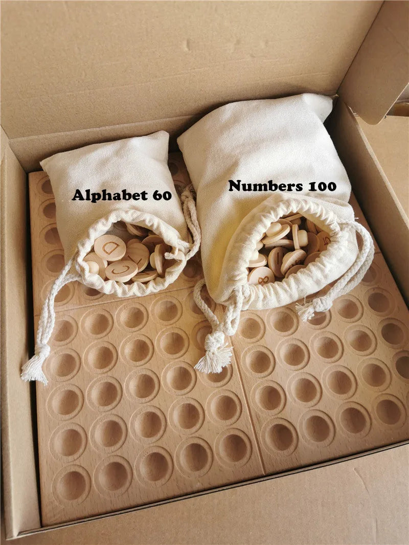 Creative Play Montessori Sensory Wooden Toys, Calculate  Semi Tray 100  Board  with Felt Balls,  Alphabets Numbers.