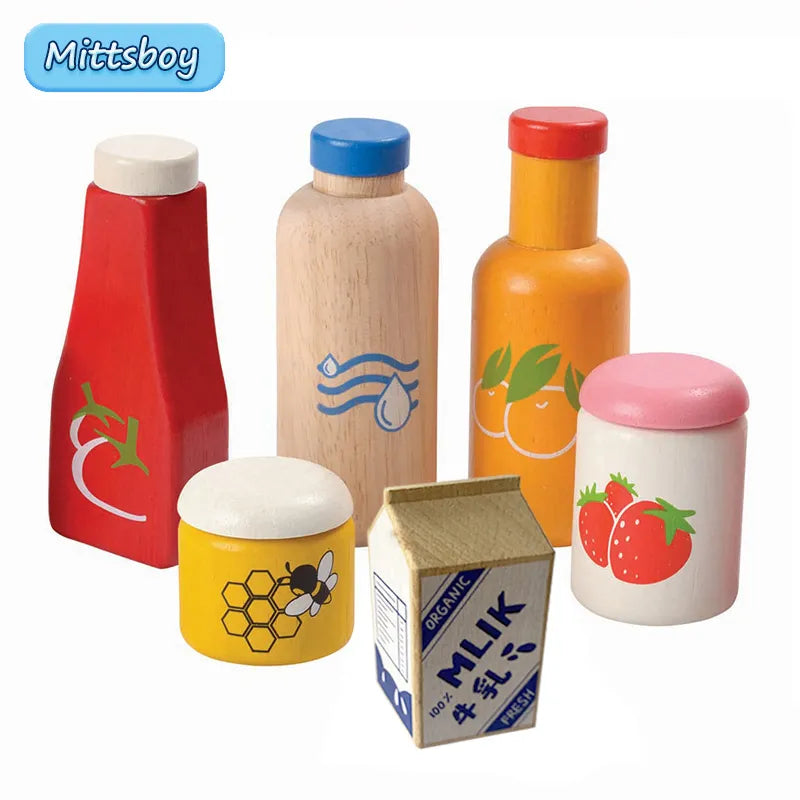 Kitchen Wooden 3D Toys,  Sauce Bottle, Honey, Lifelike Strawberry.