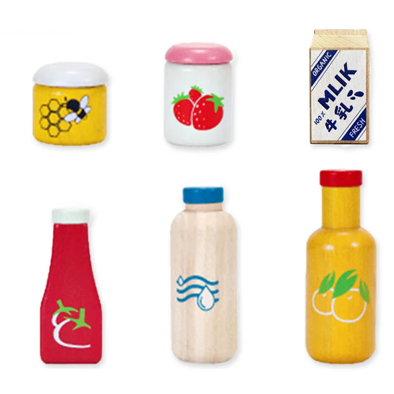 Kitchen Wooden 3D Toys,  Sauce Bottle, Honey, Lifelike Strawberry.