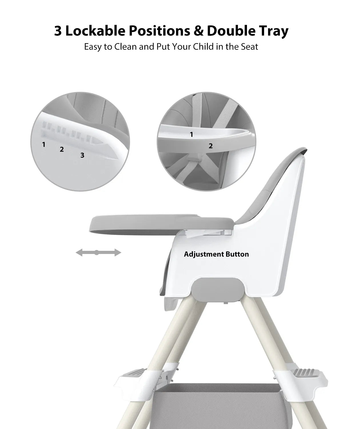High Chair, 2-in-1  with Footrest, Detachable Double Tray